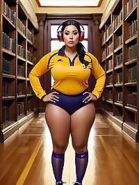 A BBW in a yellow volleyball uniform accentuating her generous curves
